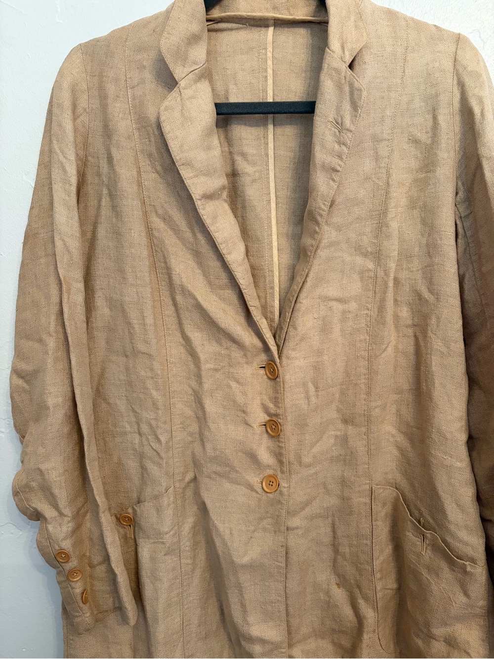 Beige Linen Long Blazer Jacket, L/XL - Picture 2 of 9